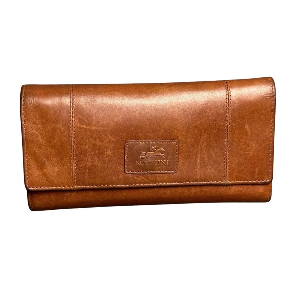 Mancini RFID Casablanca leather trifold wallet cognac brown horse logo clutch